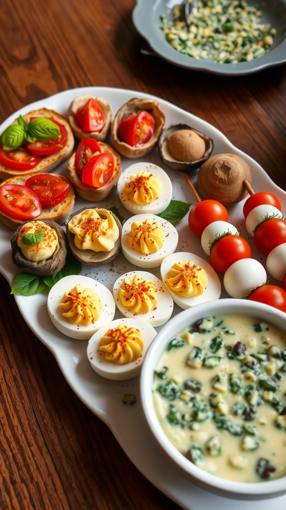 A selection of delicious appetizers including bruschetta, stuffed mushrooms, deviled eggs, Caprese skewers, and spinach artichoke dip on a wooden table.
